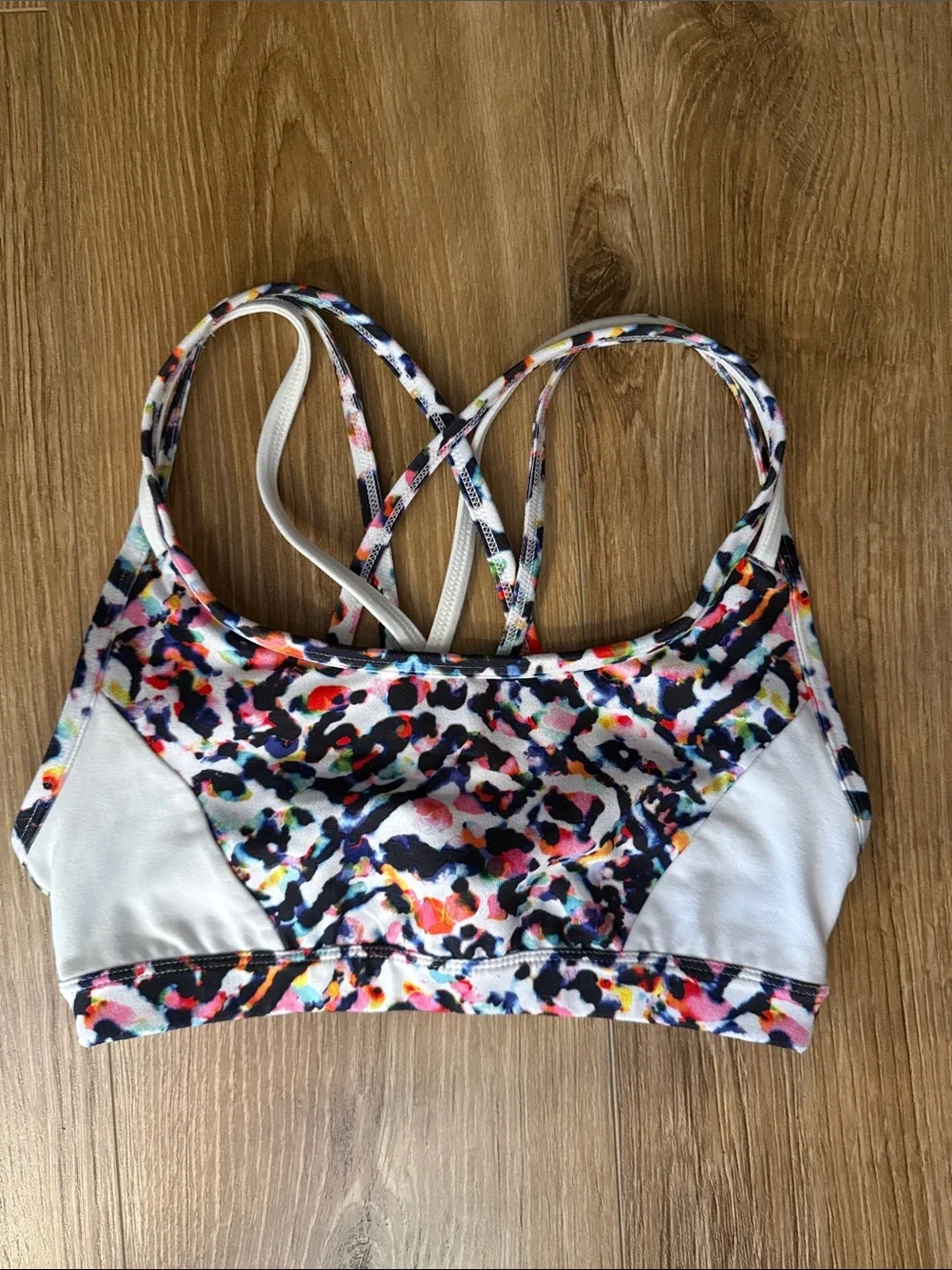 Athleta White Strappy Sports Bra with Multicolor Floral Trim